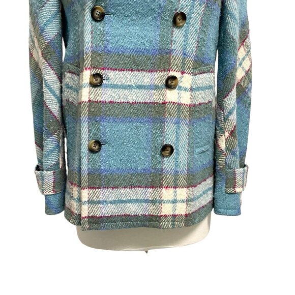 Sundance Wool Blend Plaid Double Breast Coat Twee Boho Blue size XS Petite - Picture 4 of 9
